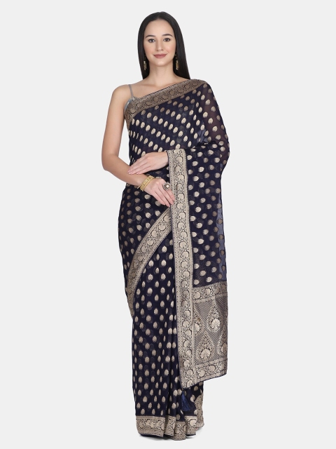 

BOMBAY SELECTIONS Blue Woven Design Zari Pure Georgette Banarasi Saree