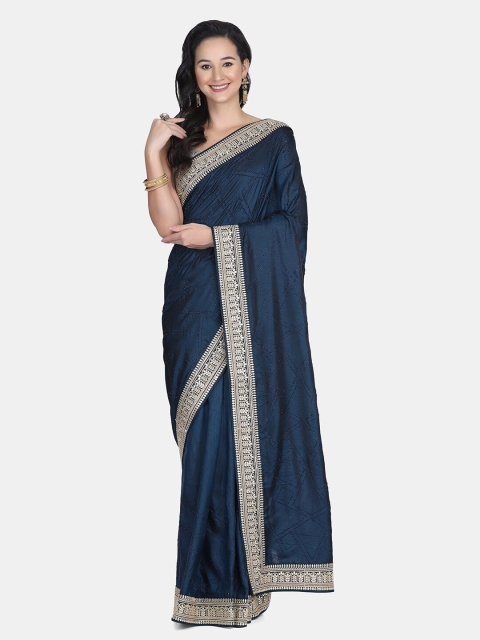 

BOMBAY SELECTIONS Blue Floral Embroidered Pure Crepe Saree