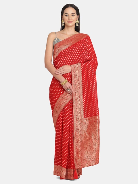 

BOMBAY SELECTIONS Red & Gold-Toned Woven Design Zari Pure Georgette Banarasi Saree