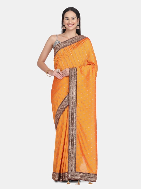 

BOMBAY SELECTIONS Orange & Brown Paisley Embroidered Saree