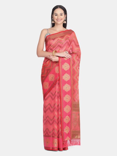 

BOMBAY SELECTIONS Pink & Gold-Toned Zari Organza Banarasi Saree