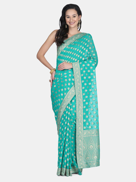 

BOMBAY SELECTIONS Green & Silver-Toned Woven Design Pure Georgette Banarasi Saree