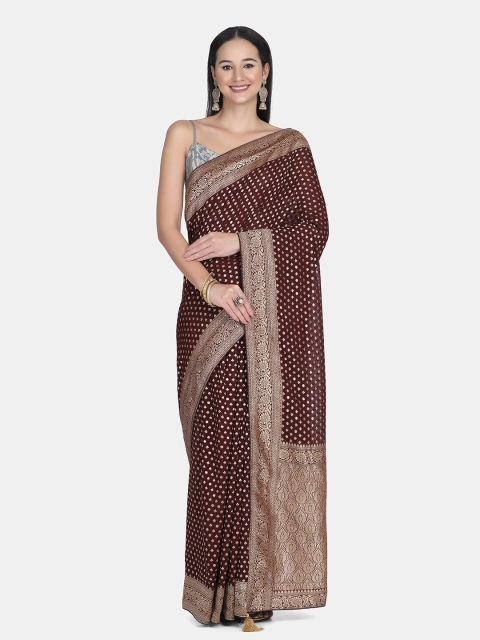 

BOMBAY SELECTIONS Brown & Copper-Toned Woven Design Pure Georgette Banarasi Saree
