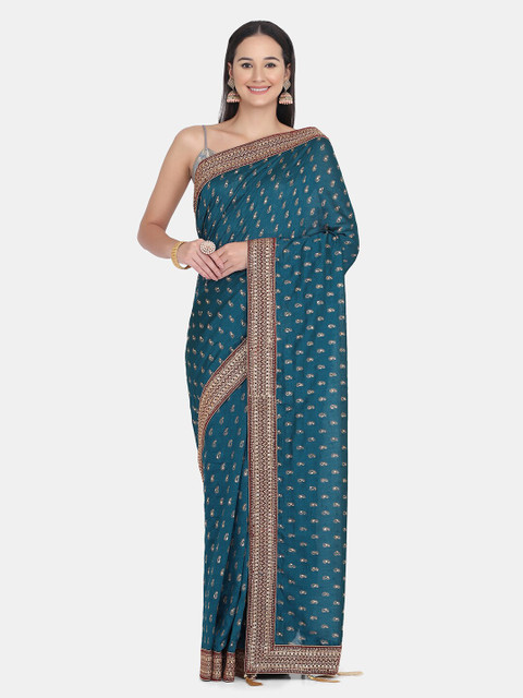 

BOMBAY SELECTIONS Green & Gold-Toned Embellished Saree