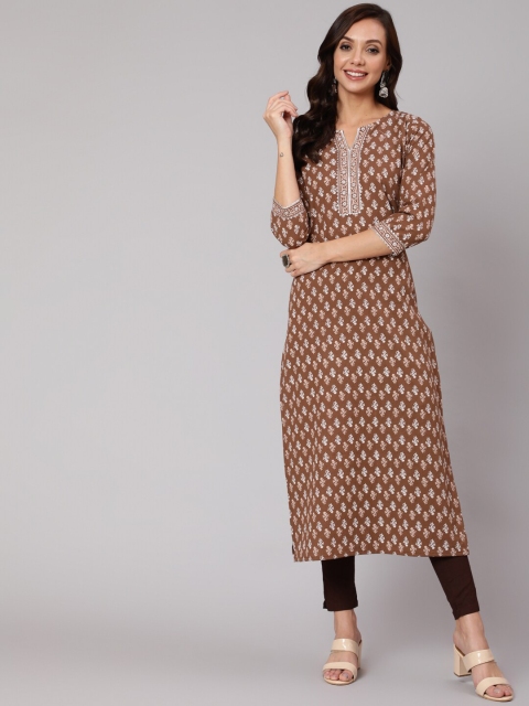 

AASI - HOUSE OF NAYO Women Brown & Grey Ethnic Motifs Cotton V-neck Straight Kurta