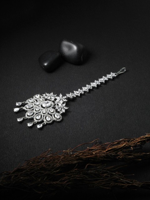 

Adwitiya Collection Silver-Toned Rhodium-Plated & White Stone Studded Maangtikka
