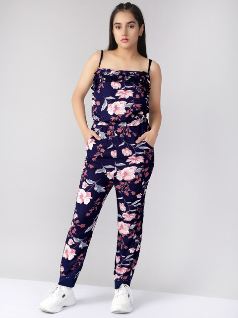 

Naughty Ninos Girls Navy Blue & Pink Printed Basic Jumpsuit with Ruffles