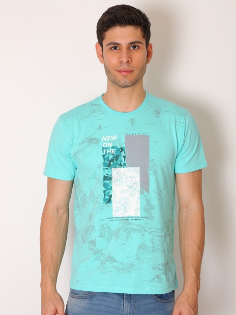 

Mode Vetements Men Turquoise Blue Printed Slim Fit T-shirt
