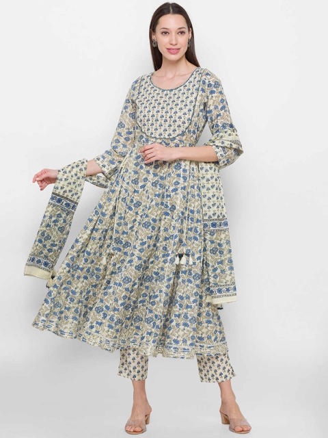 

ZOLA Women Blue Floral Printed Panelled Kurti with Trousers & With Dupatta
