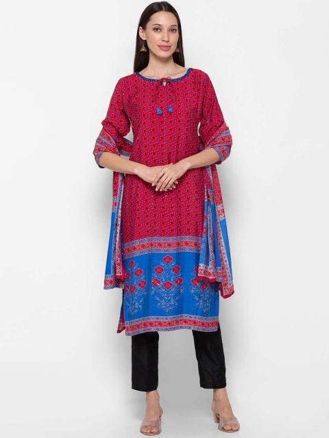 

ZOLA Women Coral Red & Blue Floral Printed Sequinned Kurti with Trousers & With Dupatta