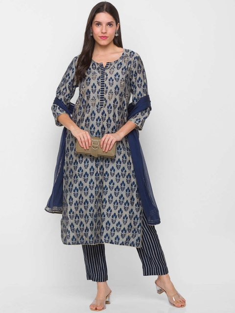 

ZOLA Women Navy Blue Yoke Design Angrakha Kurti with Trousers