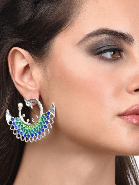 

Zaveri Pearls Blue Meenakari Peacock Shaped Half Hoop Earrings