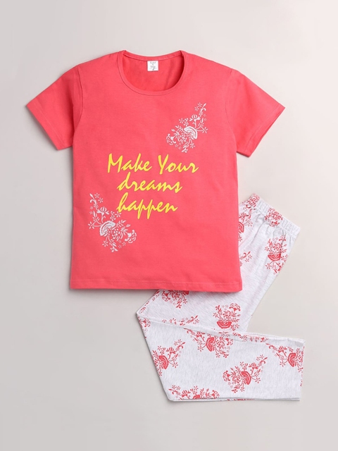 

Hopscotch Girls Pink & White Printed Cotton Night suit