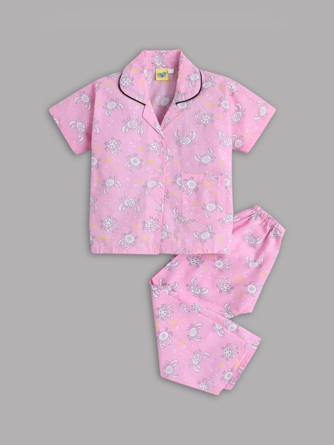 

Hopscotch Girls Pink & White Printed Cotton Night suit