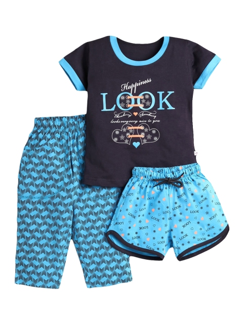 

Hopscotch Girls 3 Piece Blue & Orange Printed Cotton Night suit