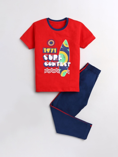 

Hopscotch Boys Red & Navy Blue Printed Cotton Night suit