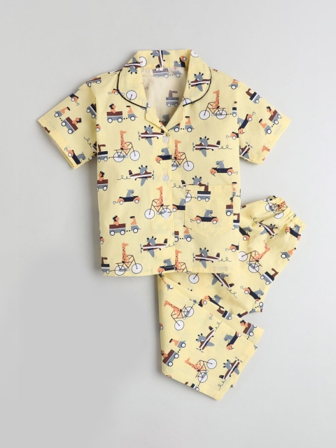 

Hopscotch Boys Beige & Black Printed Cotton Night suit