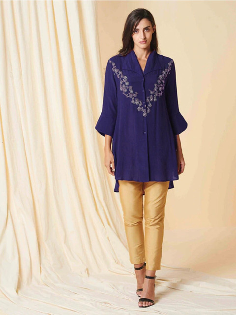 

CHIQUE Women Navy Blue Linen Embroidered Tunic