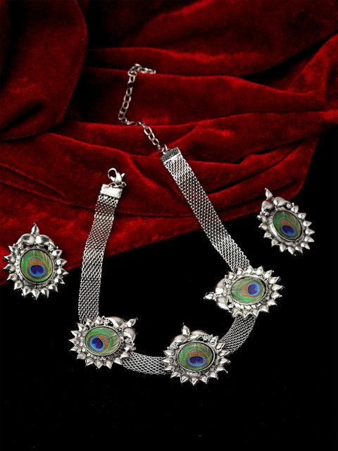 

PANASH Oxidised Silver-Toned & Green Peacock Meenakari Jewellery Set
