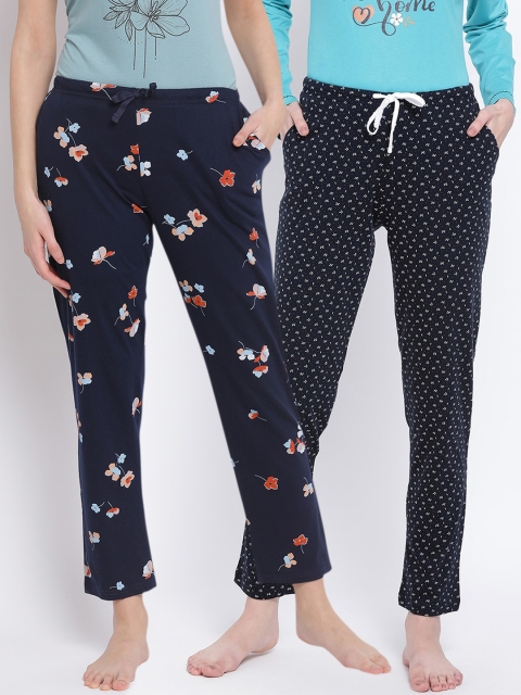 

Kanvin Women Pack Of 2 Printed Pure Cotton Lounge Pants, Navy blue