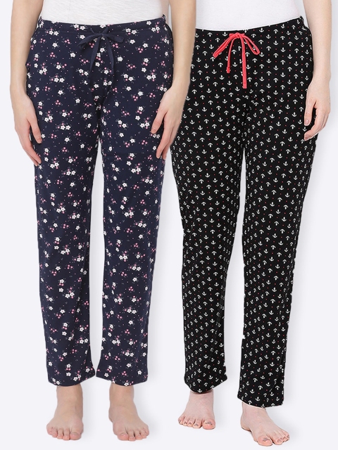 

Kanvin Women Pack Of 2 Black & Navy Blue Printed Cotton Mid-Rise Lounge Pants