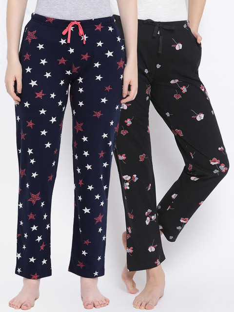

Kanvin Women Pack Of 2 Printed Pure Cotton Lounge Pants, Black