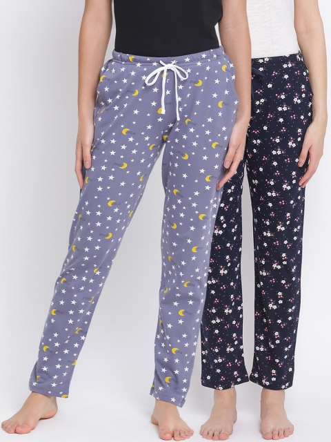 

Kanvin Women Pack Of 2 Printed Pure Cotton Lounge Pants, Navy blue