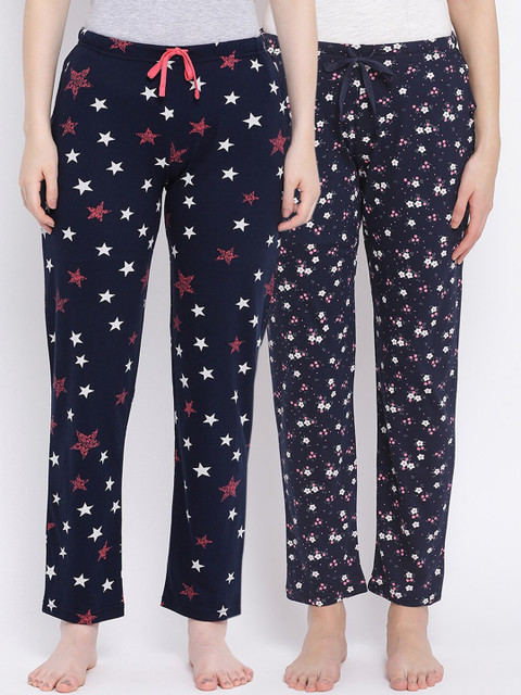 

Kanvin Women Pack Of 2 Printed Pure Cotton Lounge Pants, Navy blue