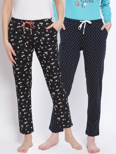 

Kanvin Women Pack Of 2 Printed Pure Cotton Lounge Pants, Black