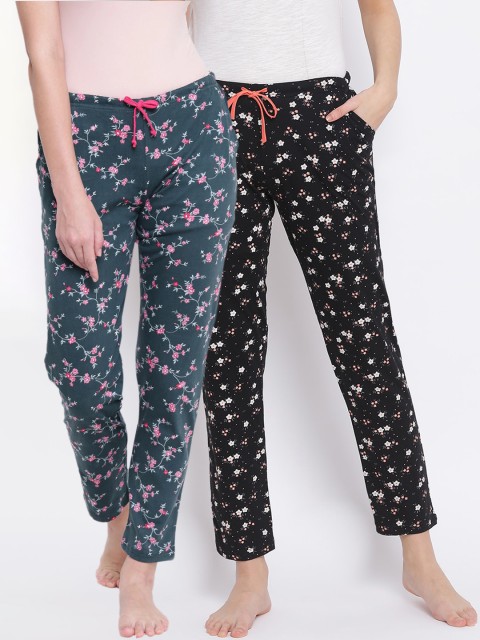 

Kanvin Women Pack Of 2 Printed Pure Cotton Lounge Pants, Black