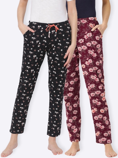 

Kanvin Women Pack Of 2 Printed Cotton Lounge Pants, Black