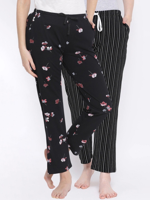 

Kanvin Women Pack Of 2 Printed Pure Cotton Lounge Pants, Black