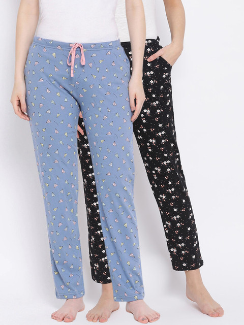 

Kanvin Women Pack Of 2 Printed Pure Cotton Lounge Pants, Black
