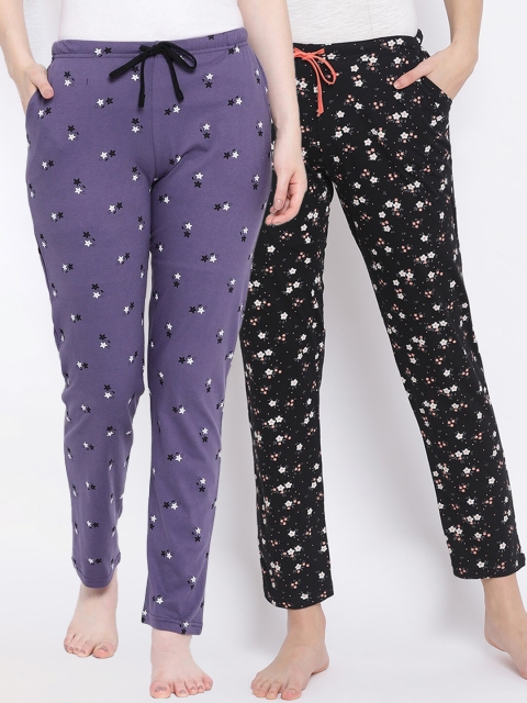 

Kanvin Women Pack Of 2 Printed Cotton Lounge pants, Black
