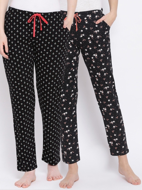 

Kanvin Women Pack Of 2 Printed Pure Cotton Lounge Pants, Black