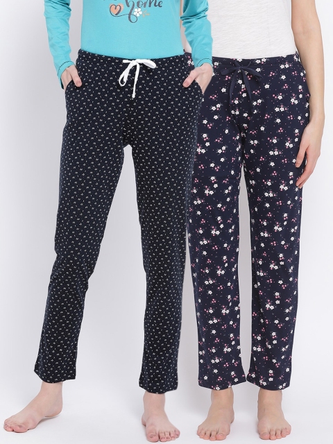 

Kanvin Women Pack Of 2 Printed Pure Cotton Lounge Pants, Navy blue