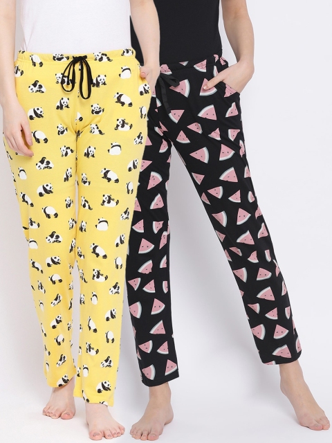 

Kanvin Women Pack Of 2 Yellow & Black Printed Pure Cotton Mid-Rise Lounge Pants