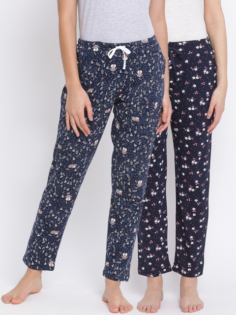 

Kanvin Women Pack Of 2 Printed Pure Cotton Lounge Pants, Navy blue