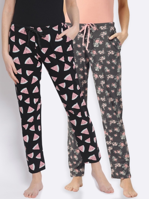 

Kanvin Women Pack Of 2 Printed Pure Cotton Lounge Pants, Black