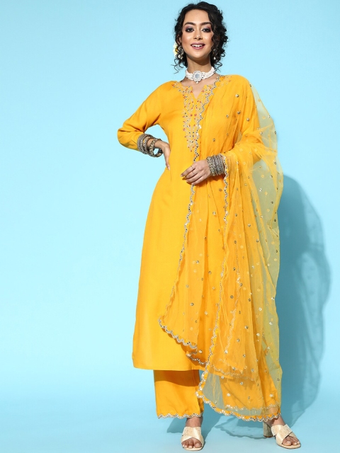 

Nayo Women Yellow Embroidered Mirror Work Kurta with Palazzos & With Dupatta
