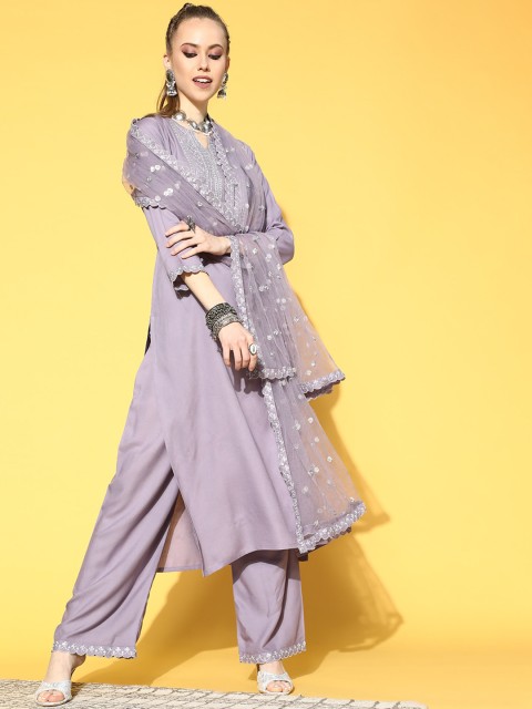 

Nayo Women Lavender Embroidered Pleated Mirror Work Kurti with Trousers & With Dupatta