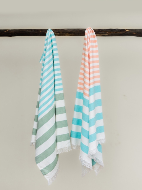 

MUSH Set Of 2 Green & Peach Striped 300 GSM Extra Large Bamboo Cabana Turkish Beach Towel