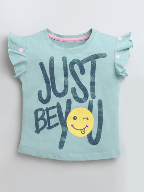 

Hopscotch Girls Green Typography Printed Cotton T-shirt