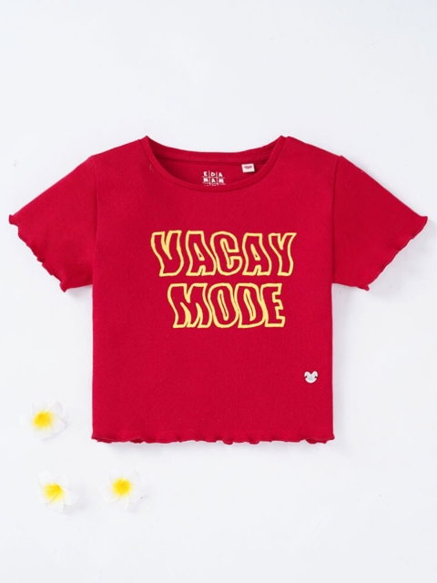 

Ed-a-Mamma Girls Red Typography Printed V-Neck Applique T-shirt