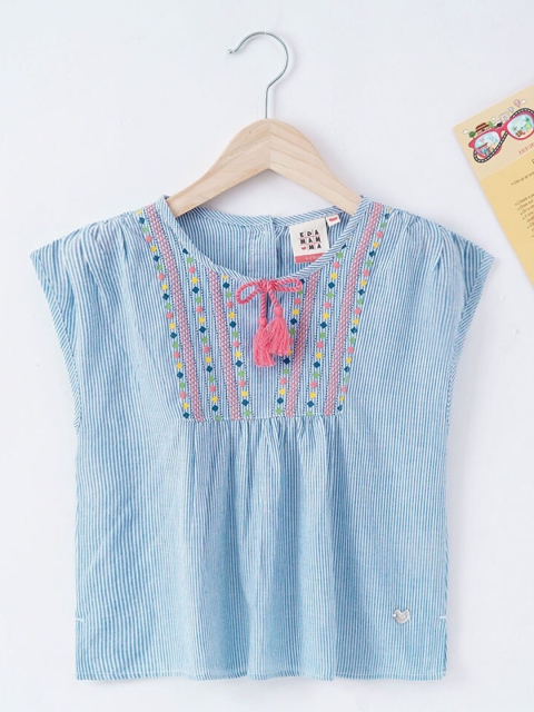 

Ed-a-Mamma Blue Embellished Tie-Up Neck Extended Sleeves Top