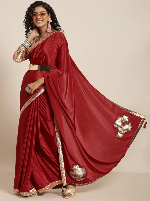 

all about you Red & Green Embellished Satin Silk Saree