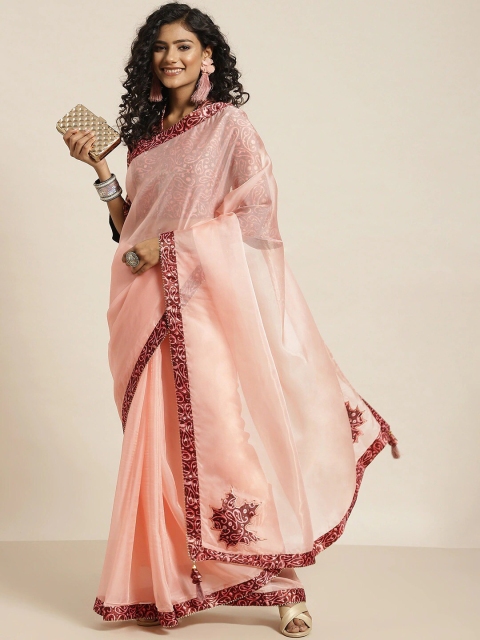 

all about you Peach-Coloured & Maroon Solid Organza Saree
