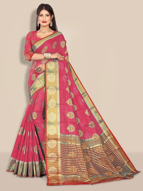 

Rivana Pink & Gold-Toned Woven Design Zari Pure Cotton Chanderi Saree