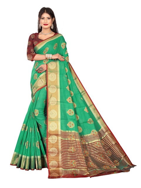 

Rivana Green & Gold-Toned Woven Design Zari Pure Cotton Chanderi Saree