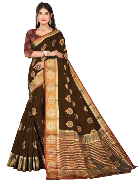 

Rivana Brown & Black Woven Design Zari Pure Cotton Chanderi Saree